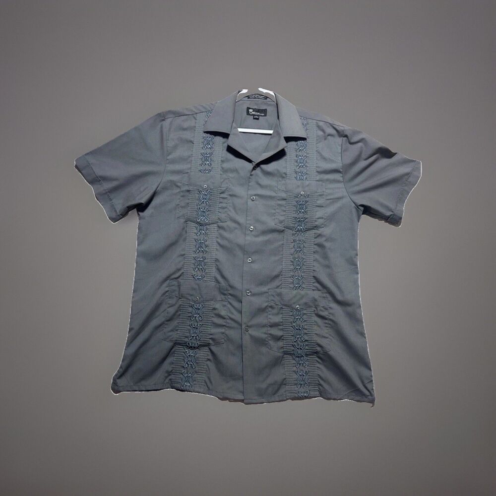 MENS OMEGA SIZE L Gray SHORT SLEEVE BEACH/ WEDDING CUBAN GUAYABERA SHIRT